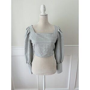 Gray Gingham Square Neck Puff Sleeve Blouse M Back Zip
